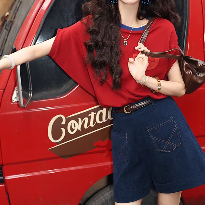 复古港风圆领撞色短袖T恤阔腿短裤套装女夏季上衣裤子两件套女潮