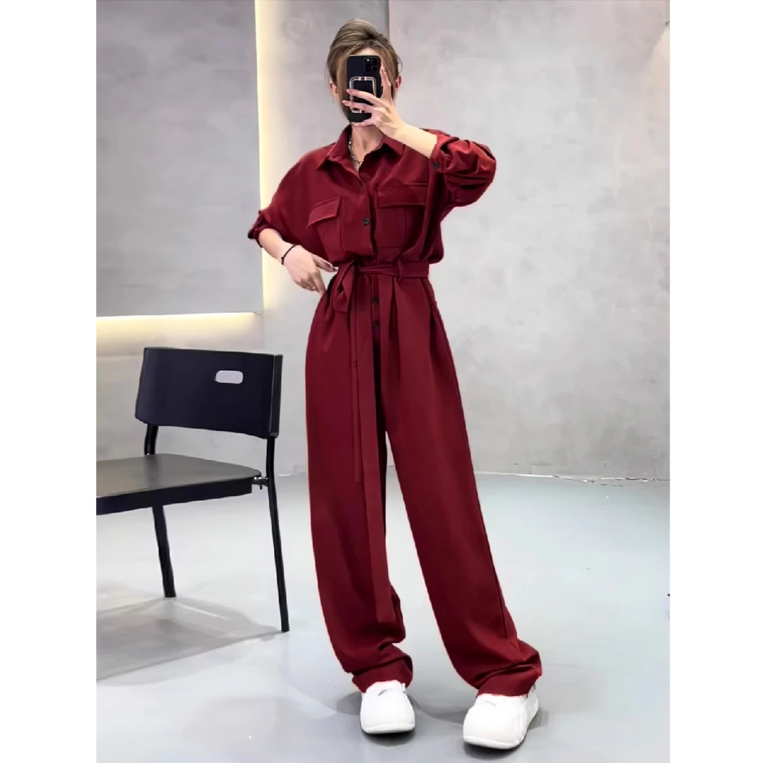 欧货时尚工装连体裤女春秋新款高级感直简垂感显瘦高腰阔腿连衣裤