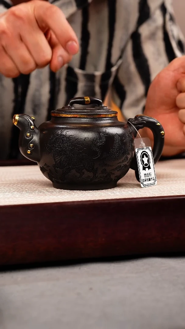 茶壶紫砂石黄 如意鼓壶 麒麟 描金