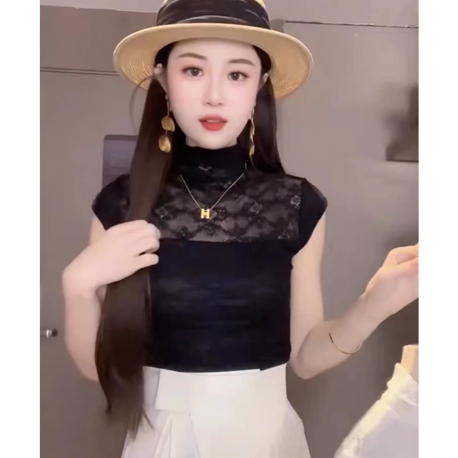 法式洋气蕾丝半高领镂空短袖T恤女2025年夏季新款修身显瘦打底衫