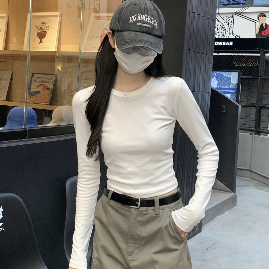 春秋新款2025韩版修身圆领基础纯色百搭长袖打底女T恤显瘦上衣