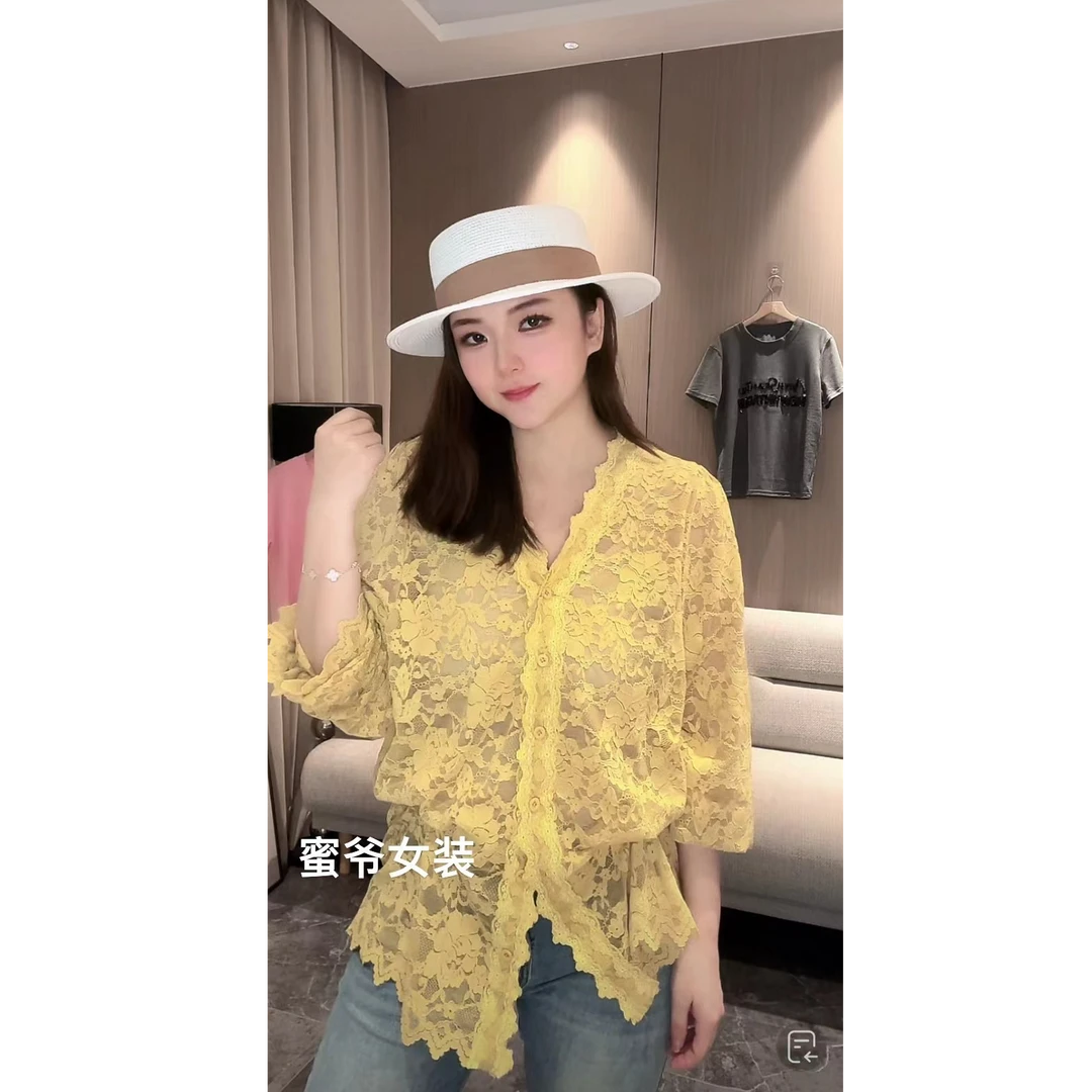 【蜜爷家】韩版V领镂空长袖蕾丝衫816#