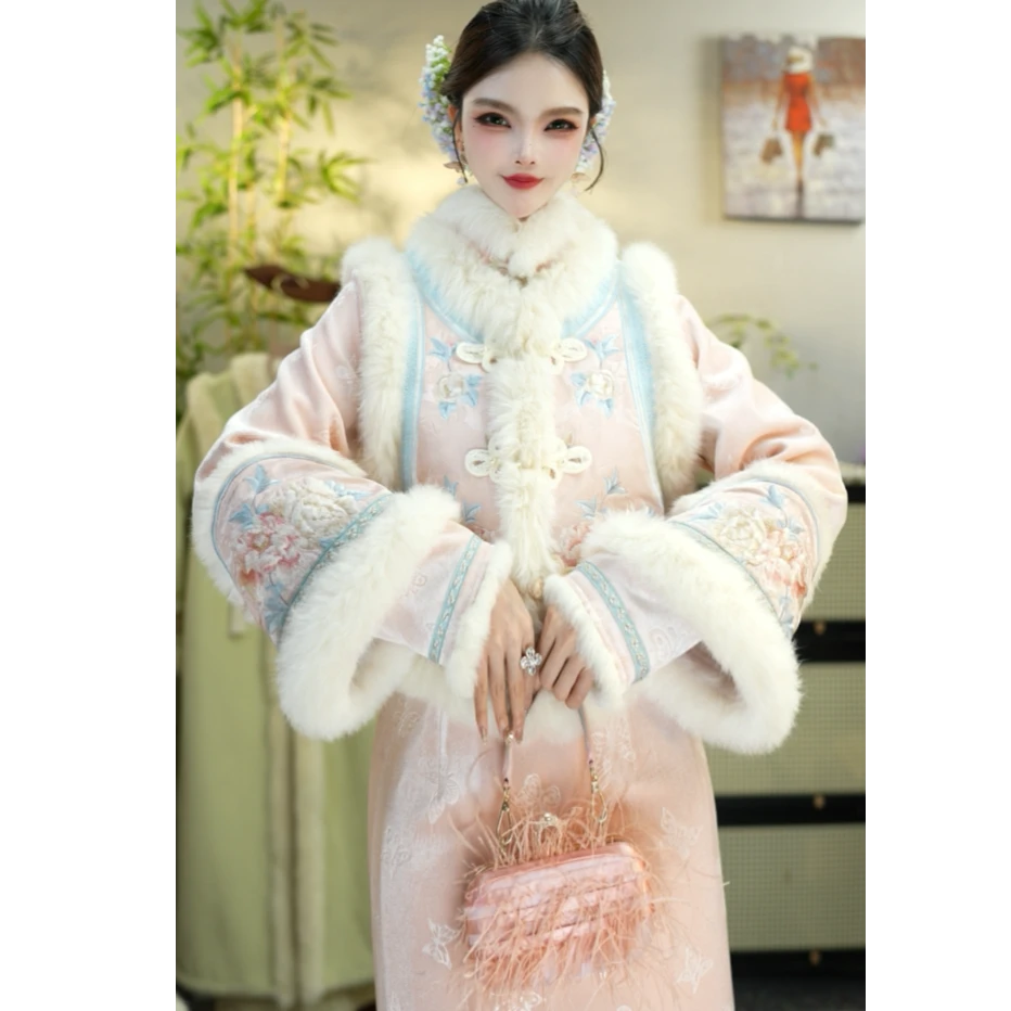 储秋2025冬季新款粉色复古加绒显瘦保暖女装套装（5446+5456）