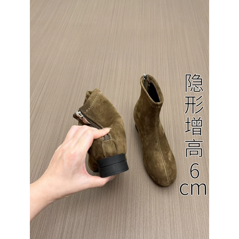 内增高6cm切尔西女靴秋季新款显瘦马丁靴复古瘦瘦靴绒面法式短靴