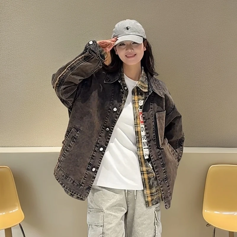 春秋美式水洗牛仔外套男士复古拼接设计感磨白做旧夹克潮