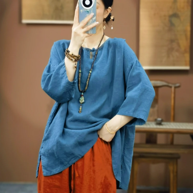 束心新中式女装复古圆领盘扣雨露亚麻纯色五分袖宽松版休闲上衣女