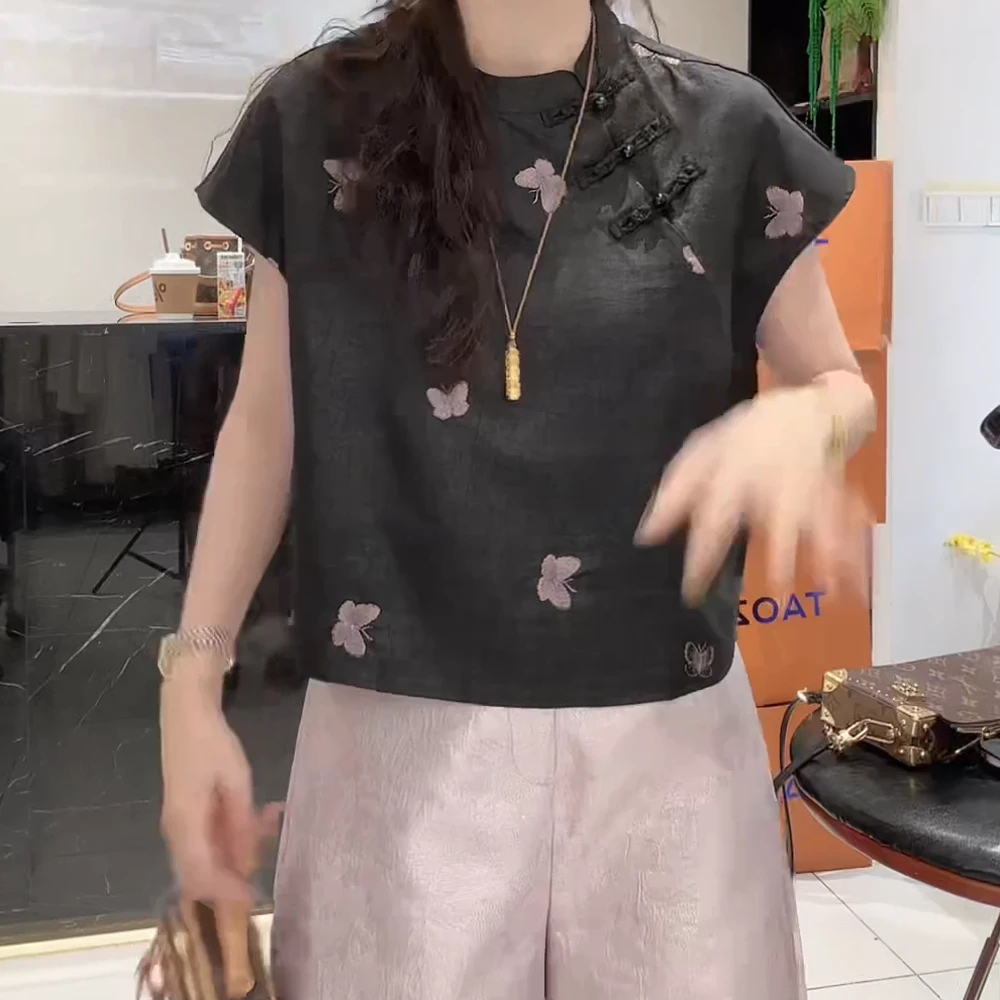 夏季新中式优雅气质龟裂纹刺绣短袖上衣