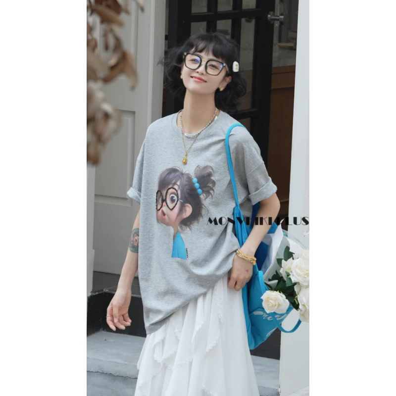 MoNvKiKiPlus2“哦吼“大码微胖100%棉印花串珠高版本休闲T恤#A116