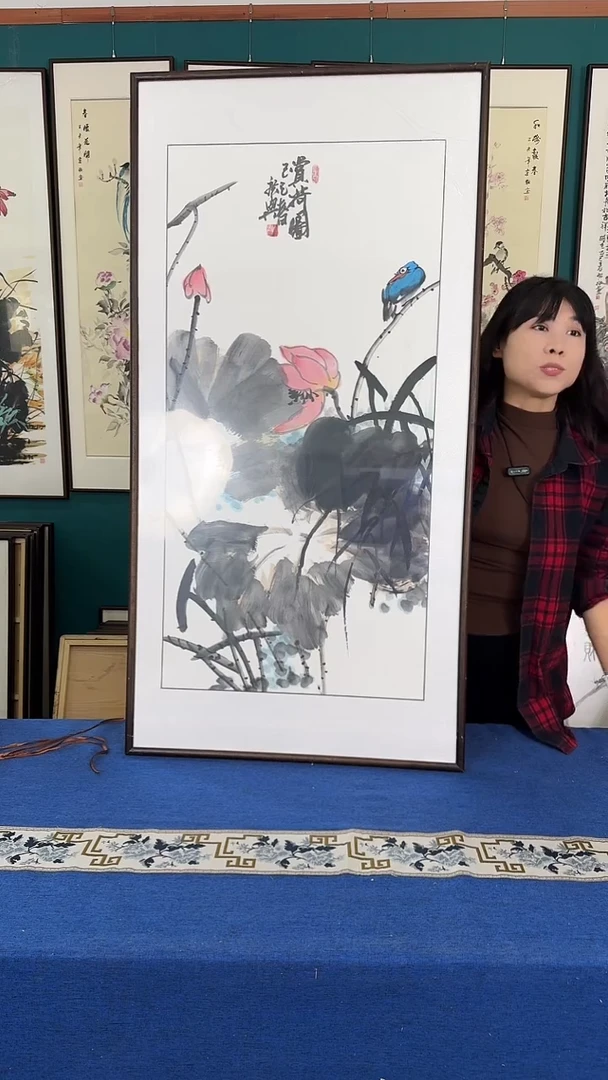 国画荷花实木装裱63*93