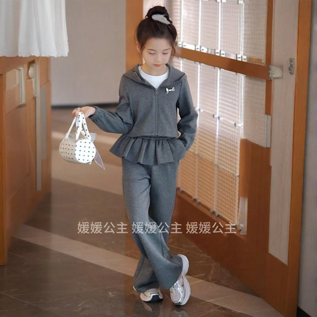 媛媛公主【灰色乐章】2025秋季休闲女童长袖休闲连帽套装15308Q350