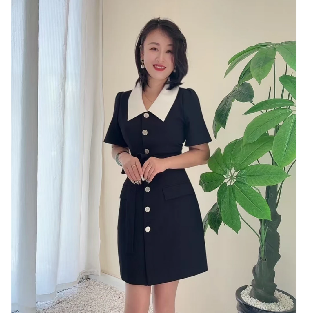 93048【埃色】撞色夏季时尚收腰职业百搭法式显瘦翻领连衣裙设计感