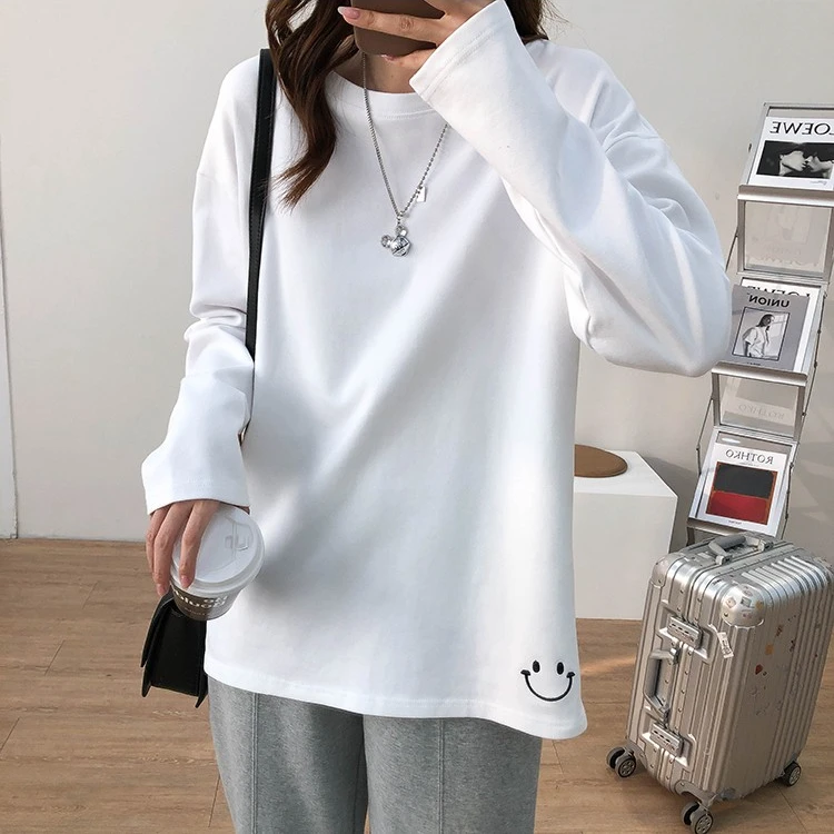 春秋春季磨毛白色长袖T恤女宽松棉质打底衫加厚上衣286拼