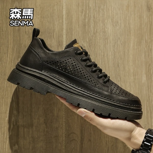 森马休闲皮鞋秋季新款镂空透气厚底防滑职场工作鞋不臭脚黑色皮鞋