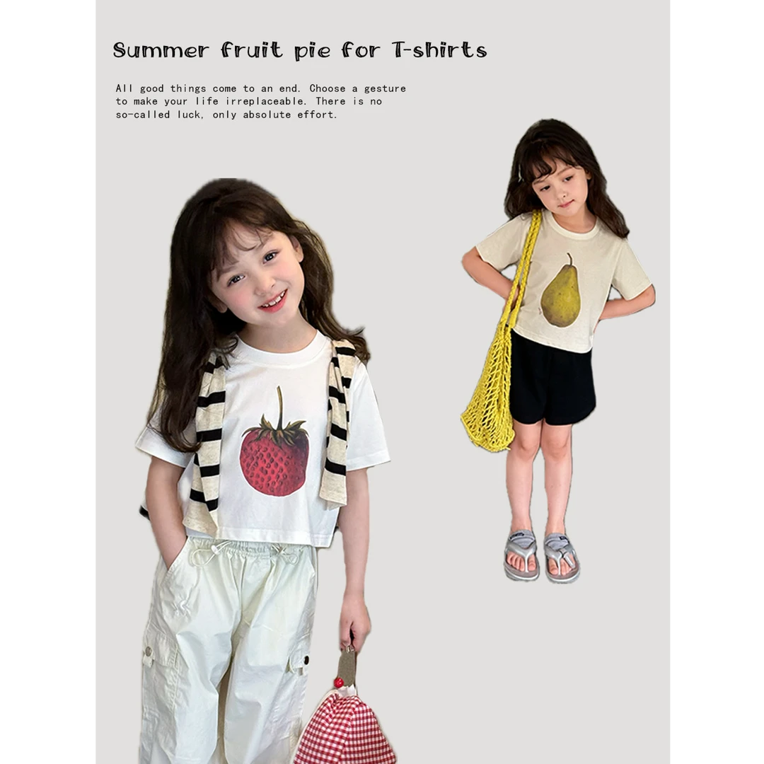 【现货已开价】女童清新短款草莓短袖手绘梨半袖可爱水果T恤25D166