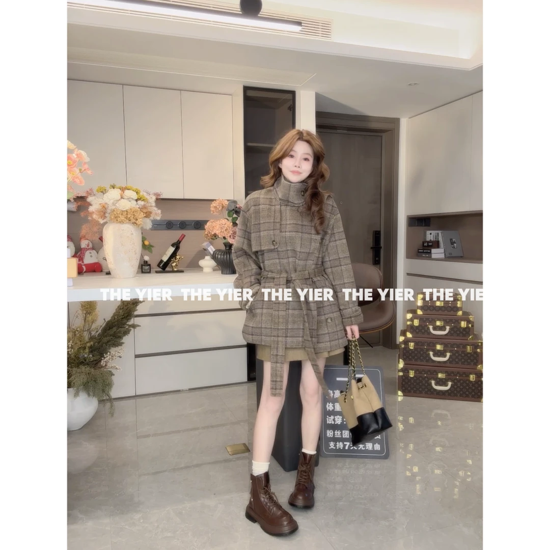 杏仁苦拿铁羊毛大衣女宽松中长款格纹双面呢外套