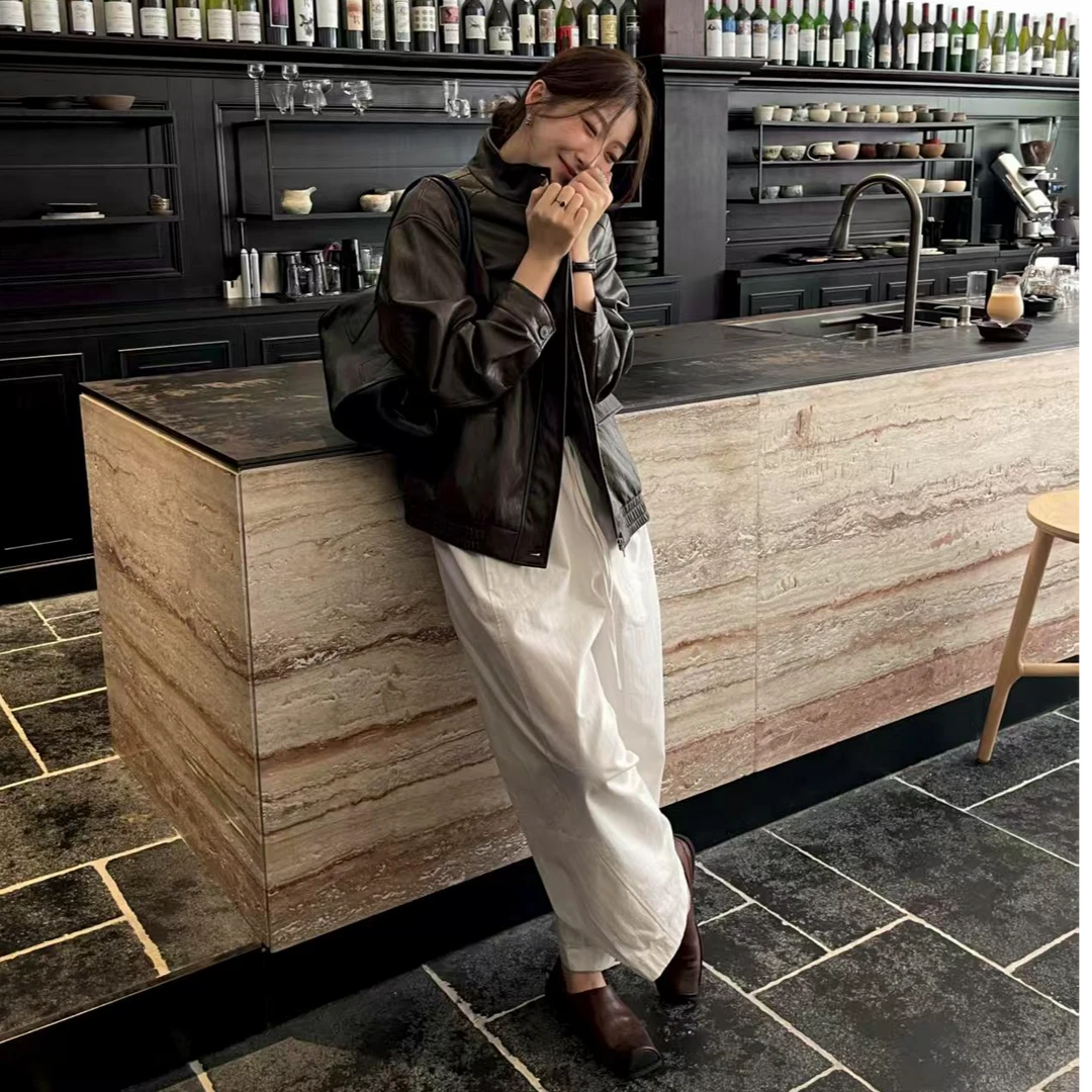 美拉德酷飒风立领机车皮衣外套女宽松休闲阔腿裤子2025新款早秋潮