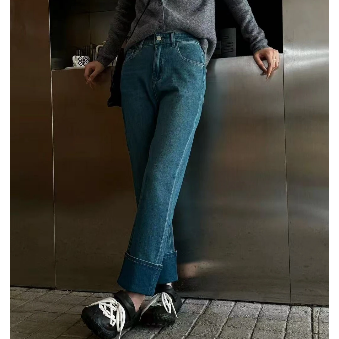 春秋显瘦九分卷边直筒百搭牛仔裤