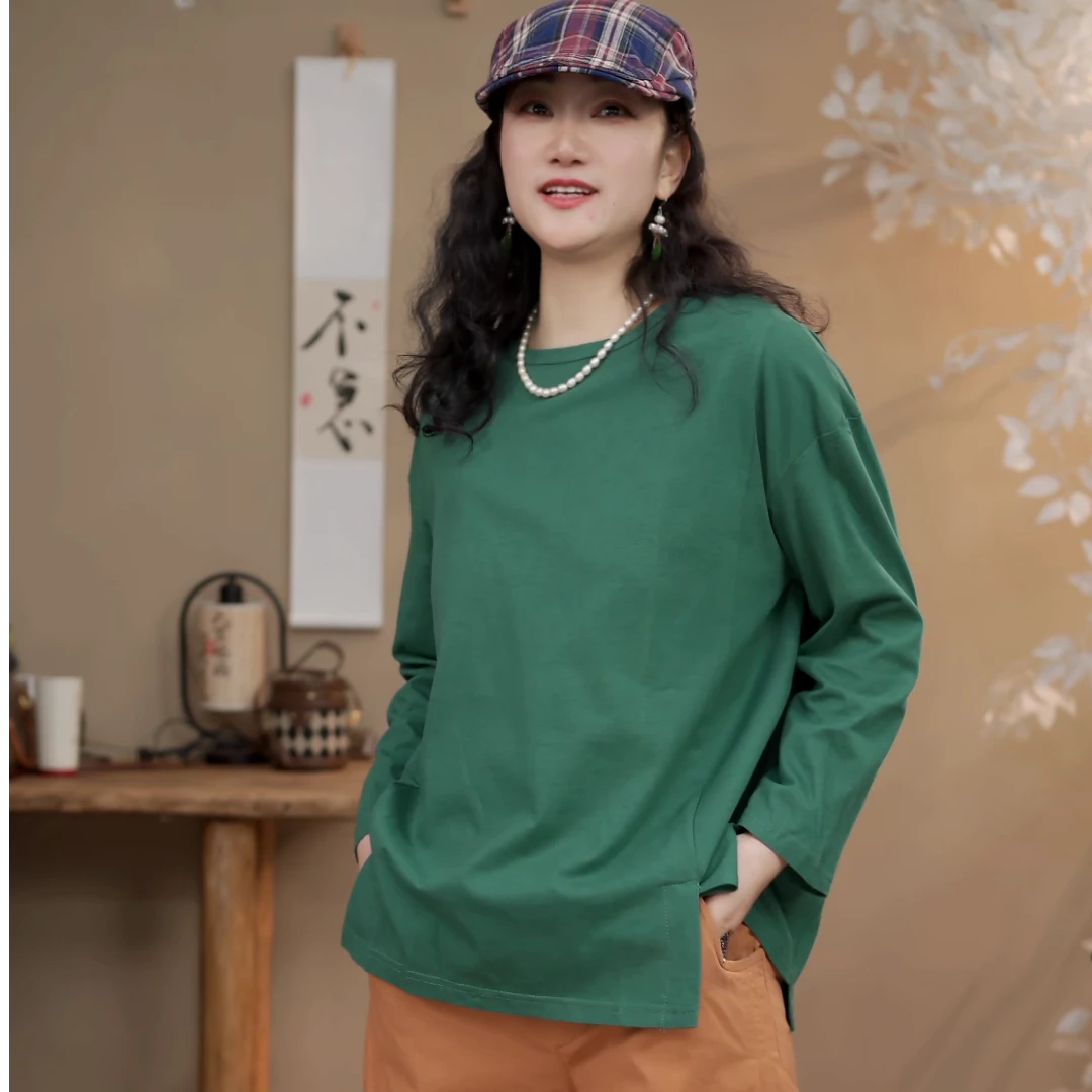 1332  休闲宽松长袖两侧开叉上衣25新款百搭纯色时尚大码女装