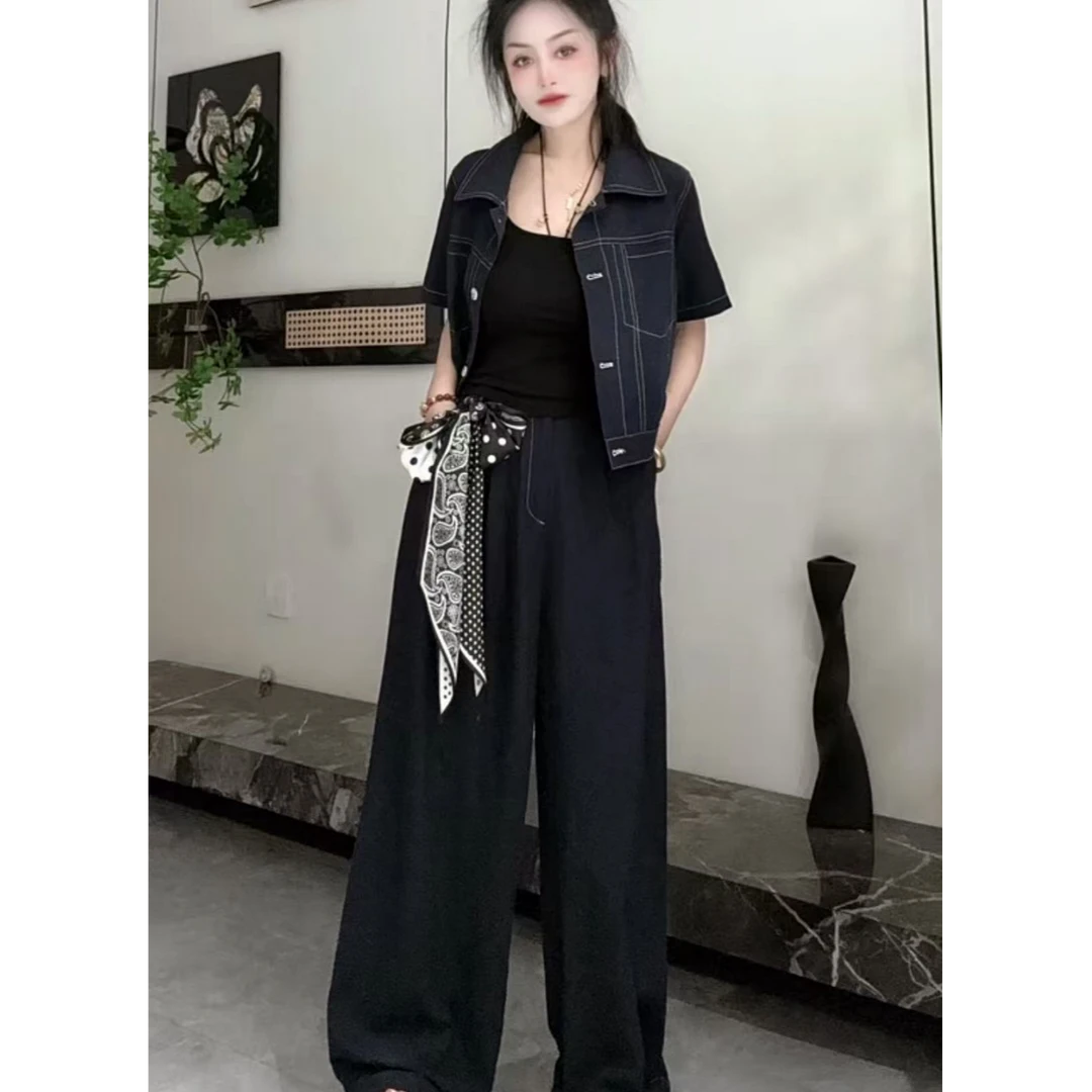 美式明线套装女2025夏新款休闲短袖外套直筒阔腿裤两件套12135