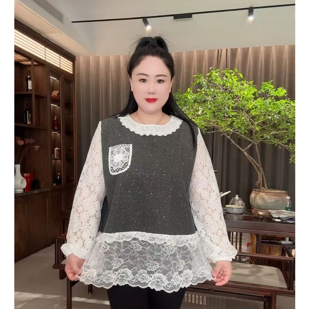 2025冬季新款时尚洋气圆领星空拼接蕾丝减龄撞色显瘦上衣