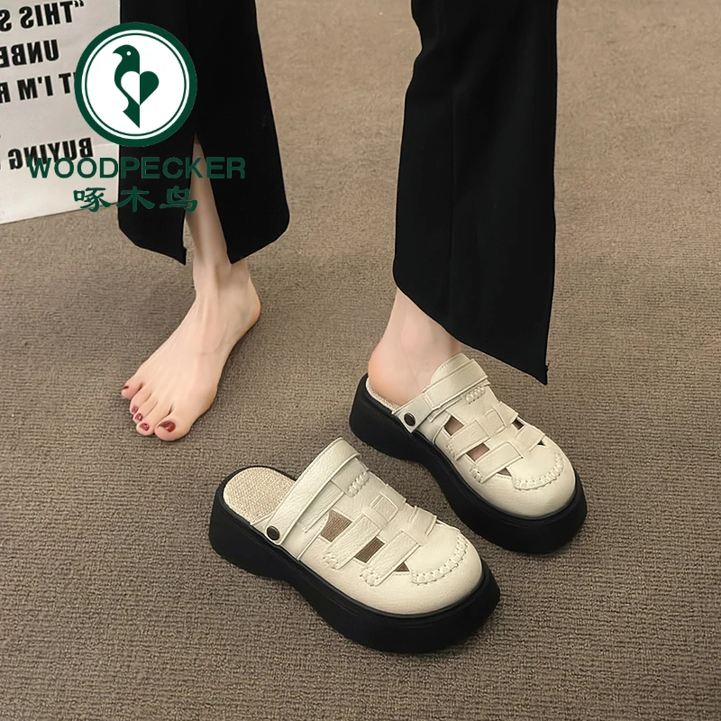 啄木鸟厚底凉鞋女夏外穿2025新款高级感法式绝美罗马增高包头拖鞋