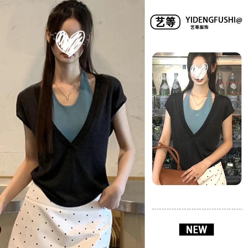 6-8运补2025年韩版高级设计感挂脖短袖恤夏季新款修身显瘦纯欲百