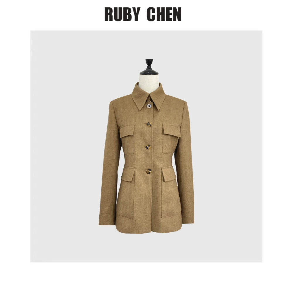 气质老钱风中长款收腰polo领西装外套女