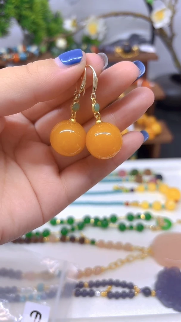 蜜蜡14K金镶嵌耳饰E893
