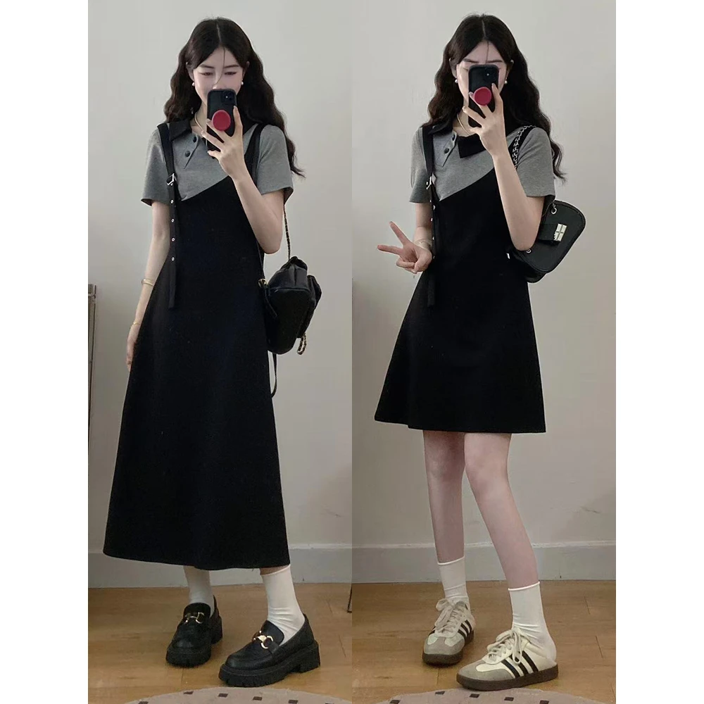 大码女装胖mm新款翻领假两件鞋匠收腰显瘦连衣裙