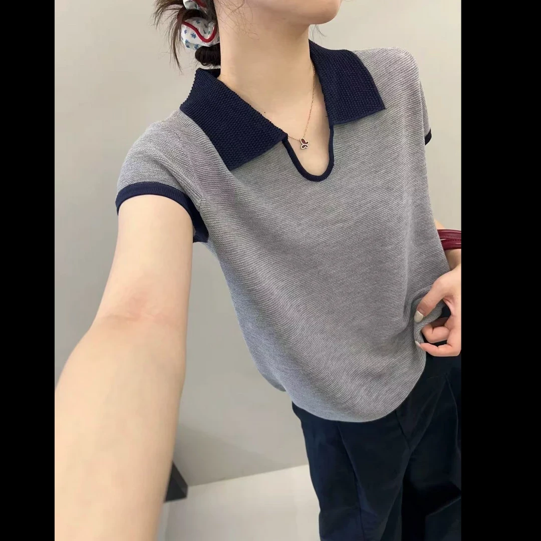 法式polo领撞色针织薄短袖上衣女2025夏季时尚设计感小众别致短款