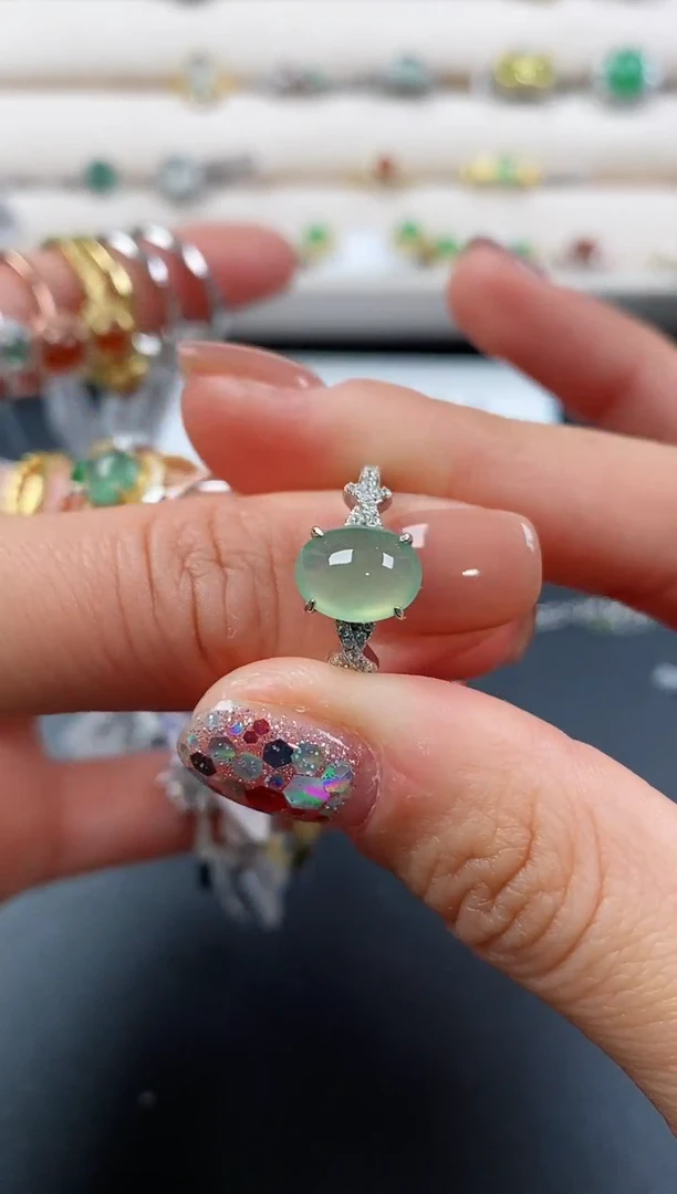 银S925镶嵌戒指翡翠天然缅甸A货翡翠33  8-