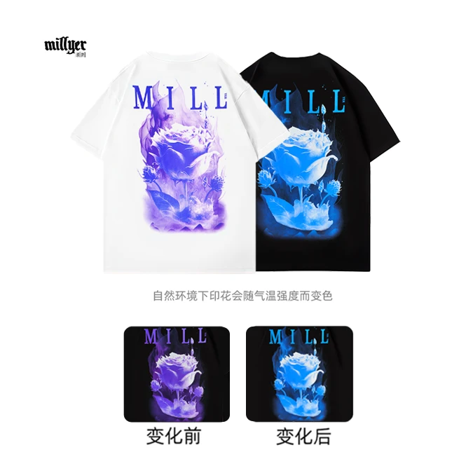 MILLYER重磅新款美式温变鎏金玫瑰纯棉宽松圆领短袖情侣短袖t恤男
