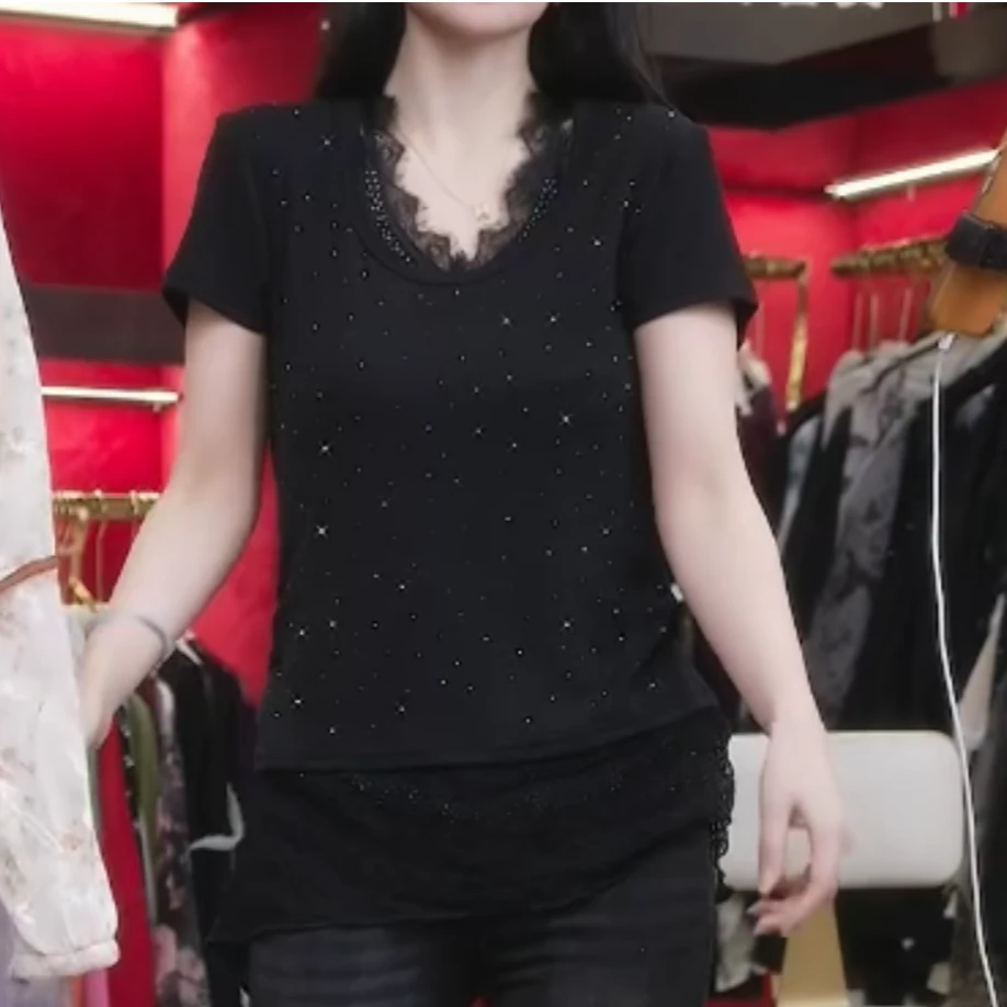丽丽家  春季新款星语烫钻蕾丝花边短袖T恤