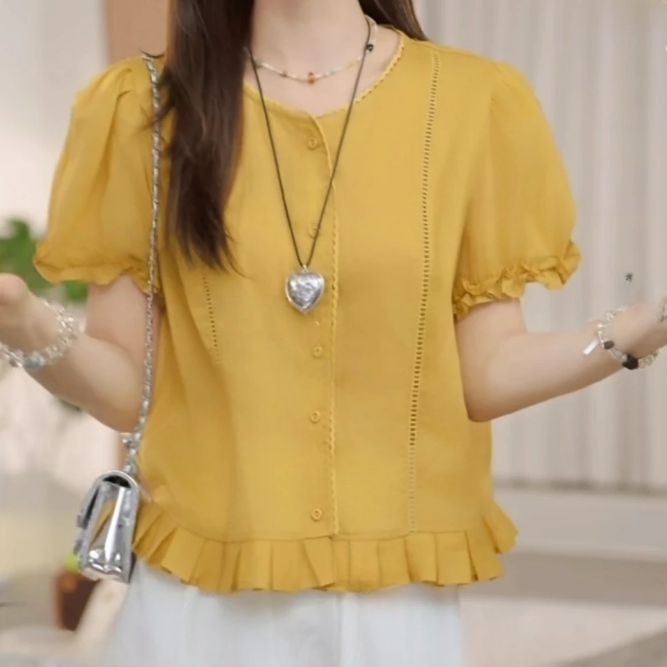 法式设计感荷叶下摆短袖衬衫女2025夏季新款小众气质宽松通勤上衣