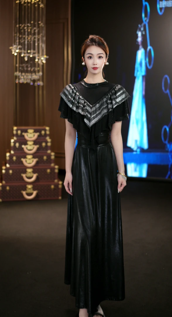 YINGHOU【西西】轻奢夏季黑色气质高贵设计师长款连衣裙D1979