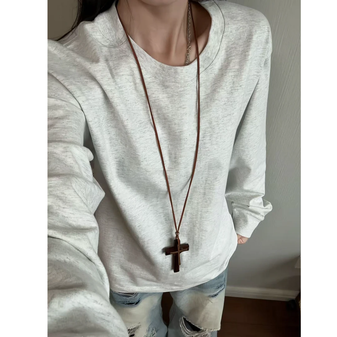 纯棉螺纹袖口简约T恤男女同款秋季免烫长袖内搭卫衣打底衫