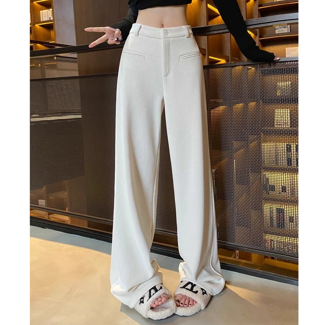 白色阔腿女秋冬2024新雪尼尔灯芯绒加绒加厚休闲高腰直筒西装裤子