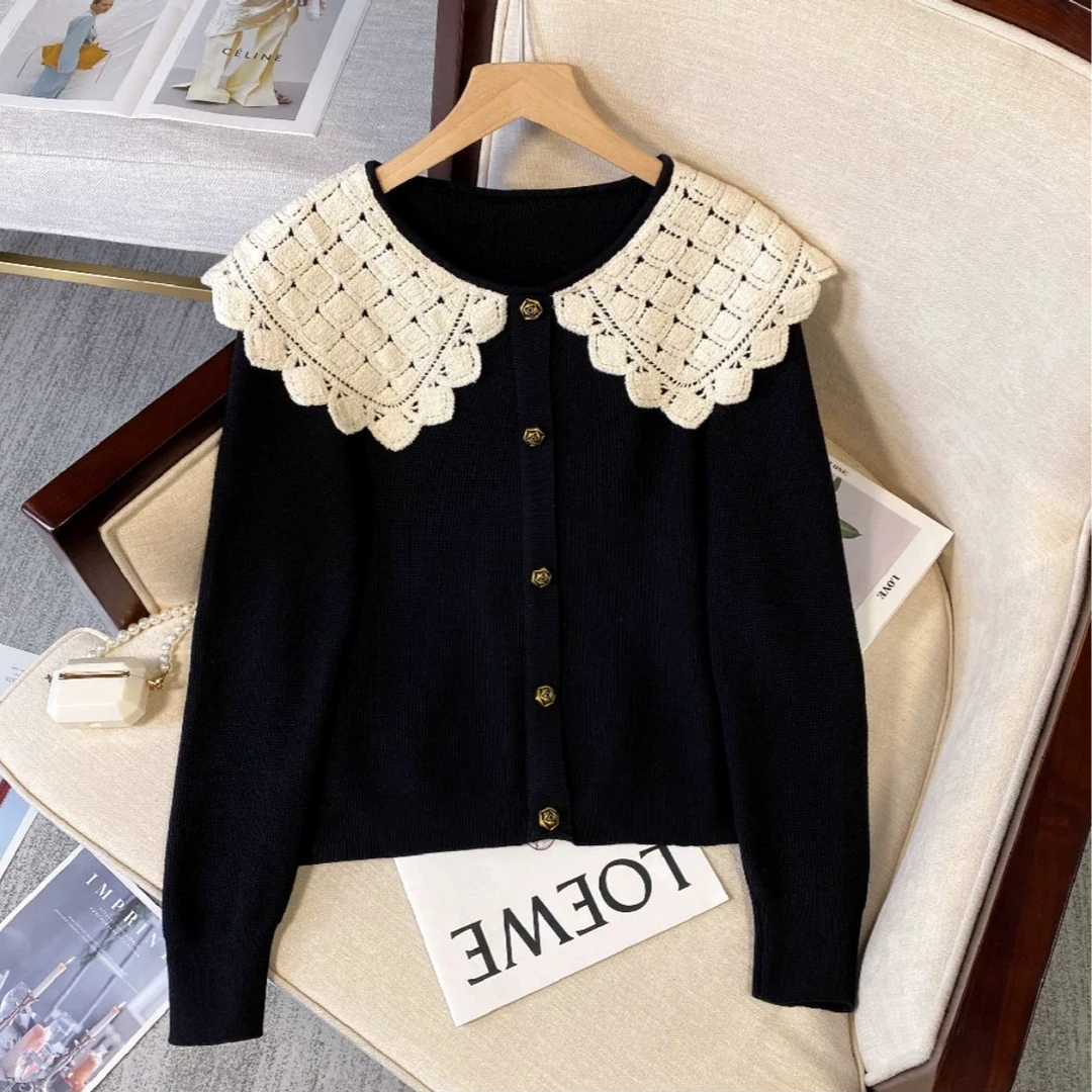 2025早秋法式复古大码穿搭显高微胖别致娃娃领短款温柔毛衣女茶歇