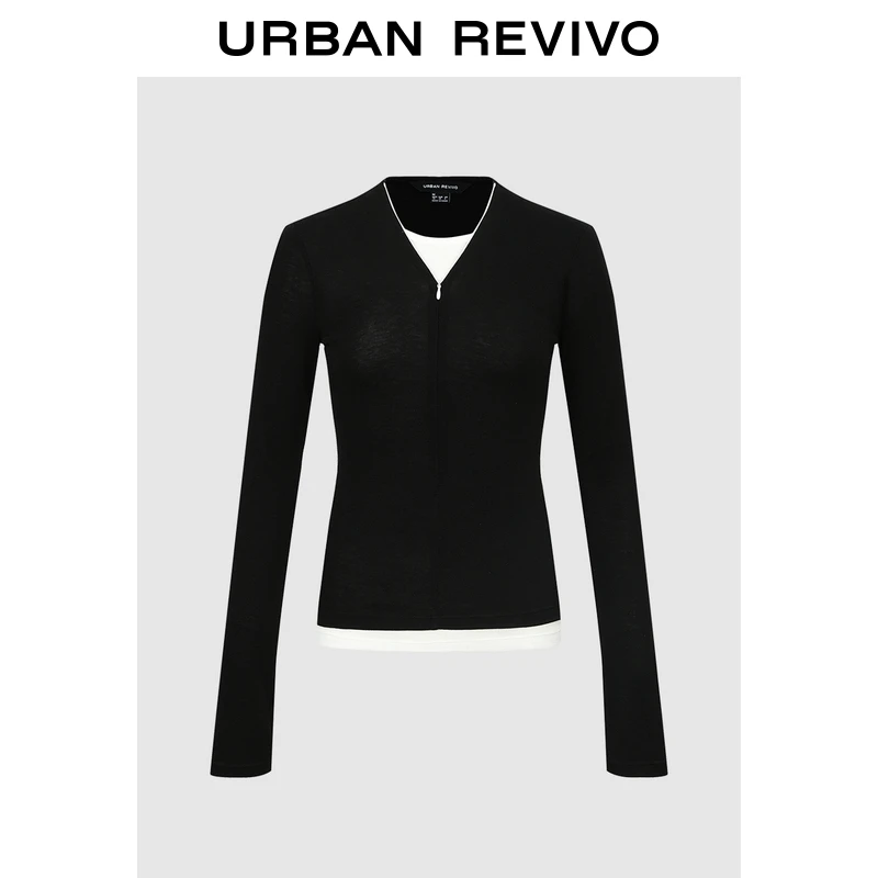 UR2026春季新款女装假两件撞色拉链修身T恤UWM450125+