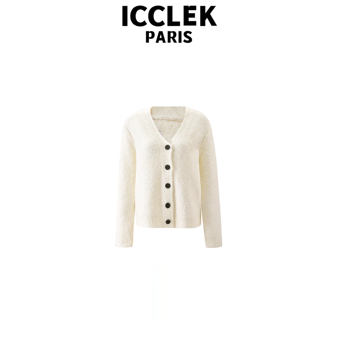 ICC 秋冬白色V领十字架刺绣针织衫时尚圆领开襟外套百搭保暖-5126