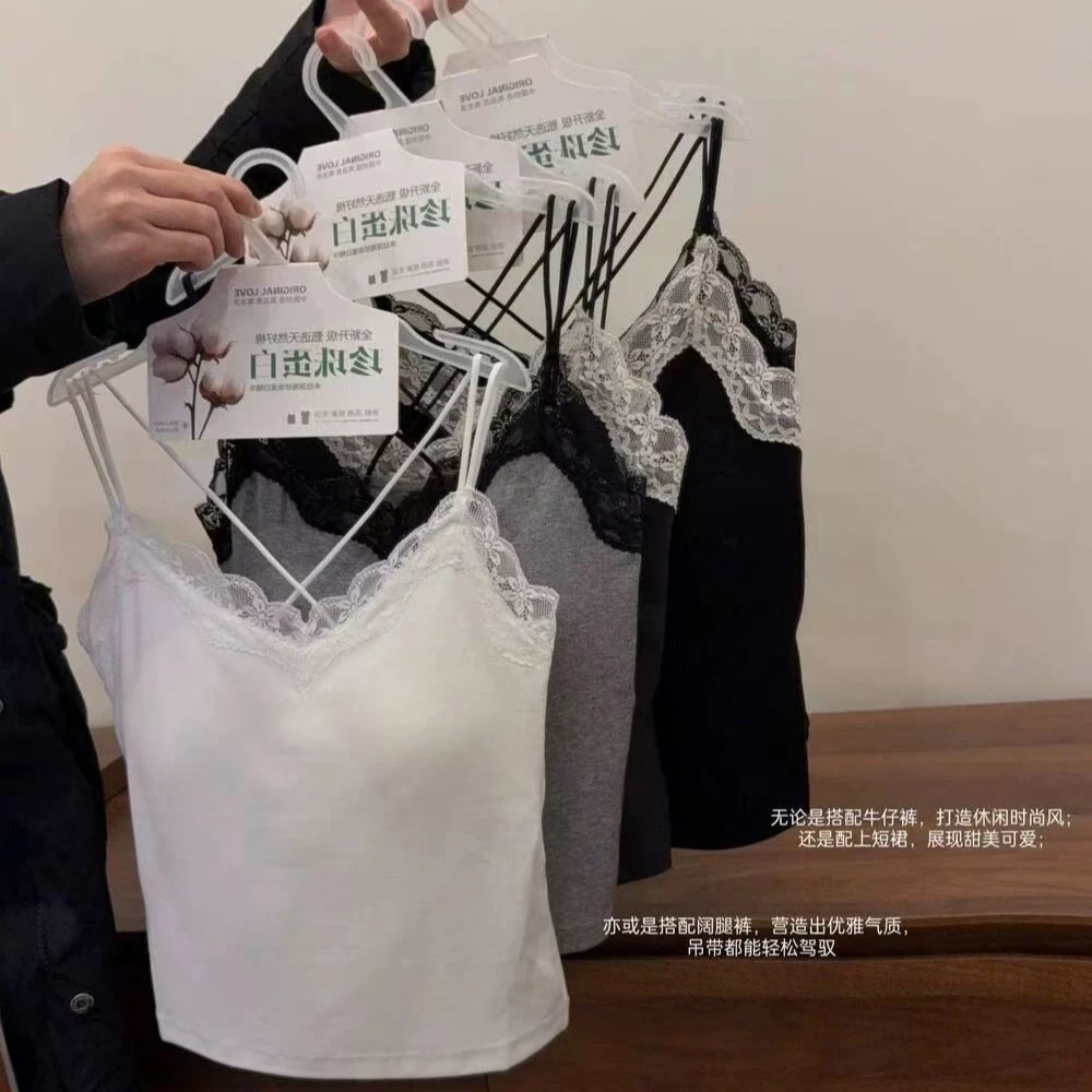 【Amy花猫】春季蕾丝吊带背心女带胸垫性感交叉带美背修身内搭抹胸