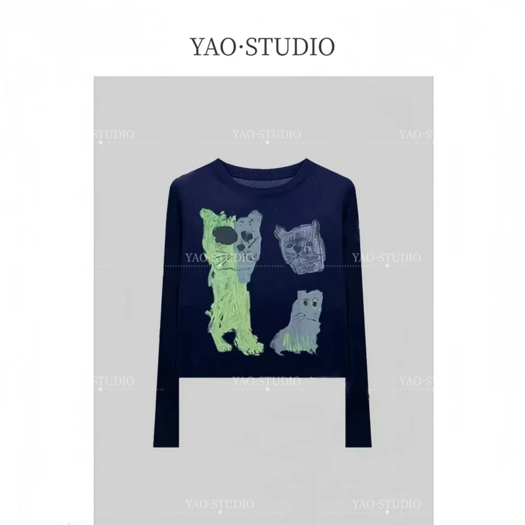 潦草小猫~2025新款印花时尚长袖宽松显瘦轻奢百搭防晒女潮流T恤