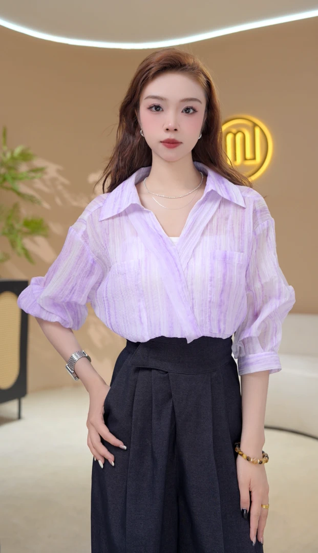 港风复古渲染紫色短袖衬衫女夏季新款时尚百搭衬衣气质设计感上衣