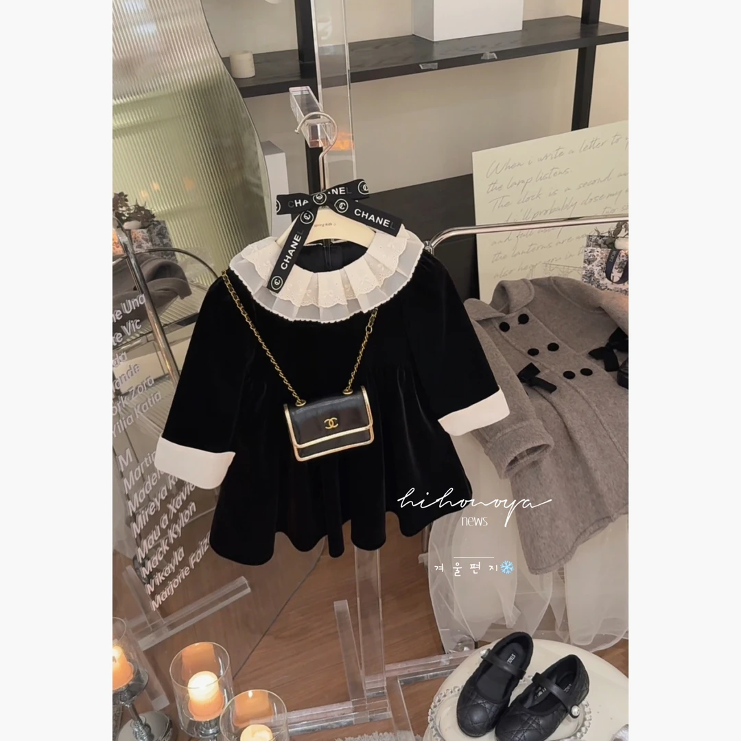 【赫本千金】五Hihoniya~2025冬宝宝赫本丝绒娃娃领蕾丝加绒连衣裙