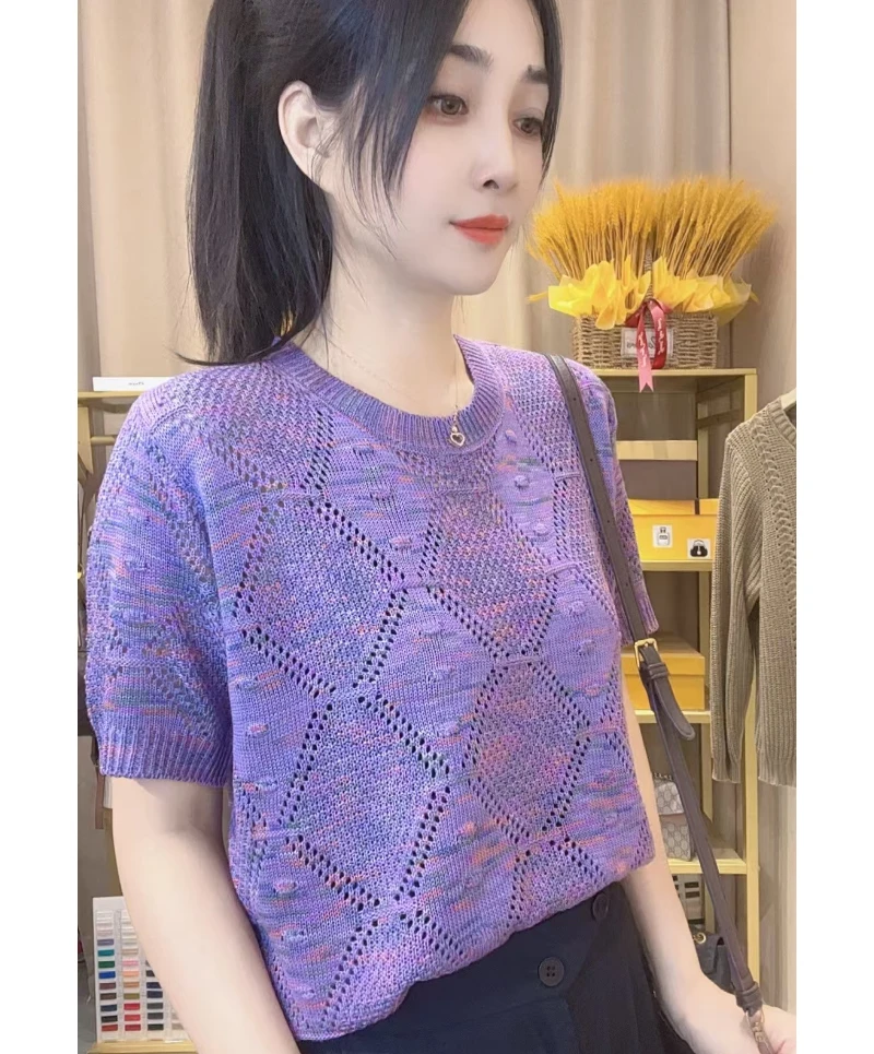 【幻彩星空】菱形泡泡圆领短袖套头衫气质百搭宽松显瘦夏季针织上衣