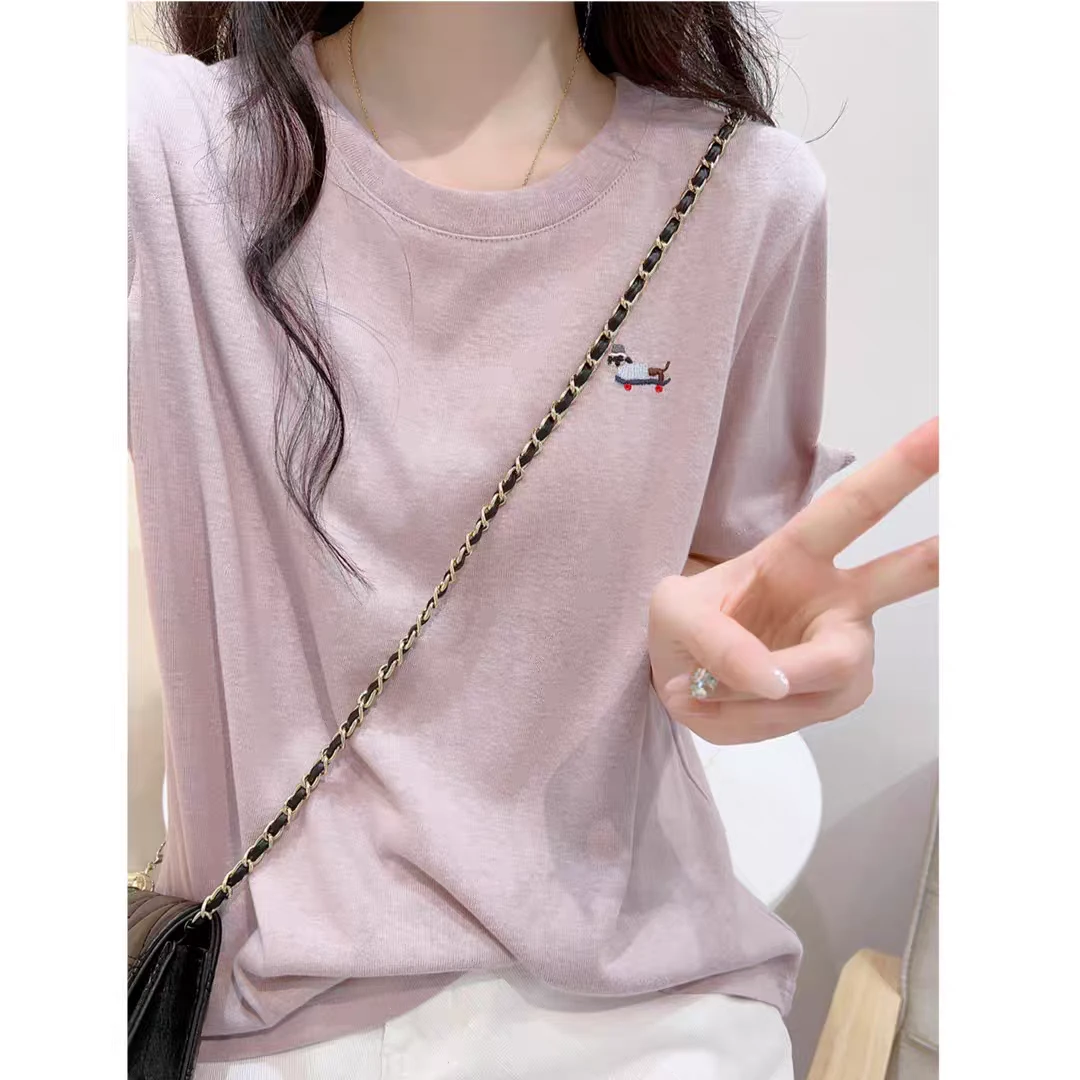 轻薄雪花棉短袖t恤女夏宽松减龄慵懒风简约小狗刺绣圆领显瘦上衣