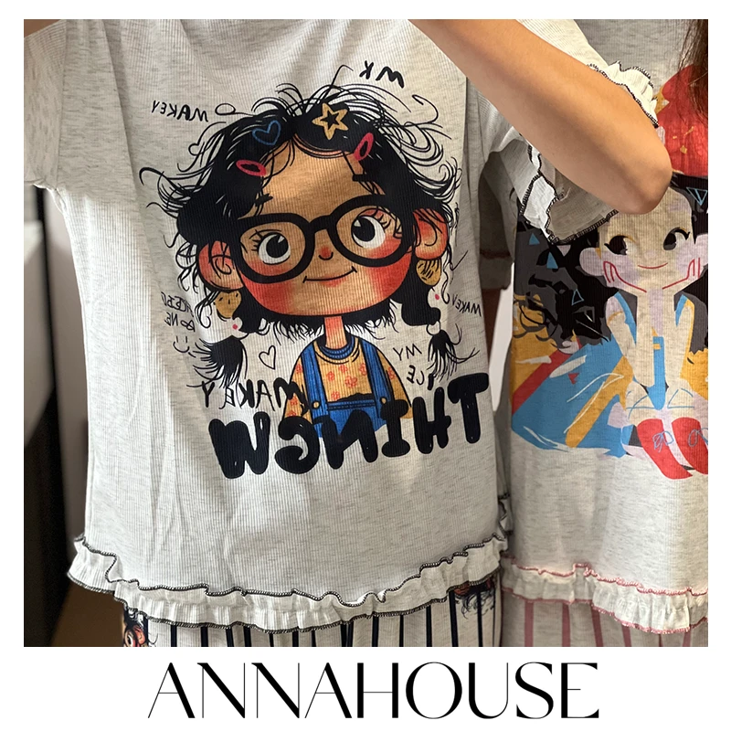 ANNAHOUSE睡衣女夏季盐系甜美少女卡通套装凉感冰丝条纹长款