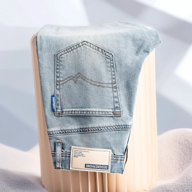 宾斯洛特时尚潮牌新款浅蓝色牛仔裤男小直筒夏裤男款薄款九分男裤