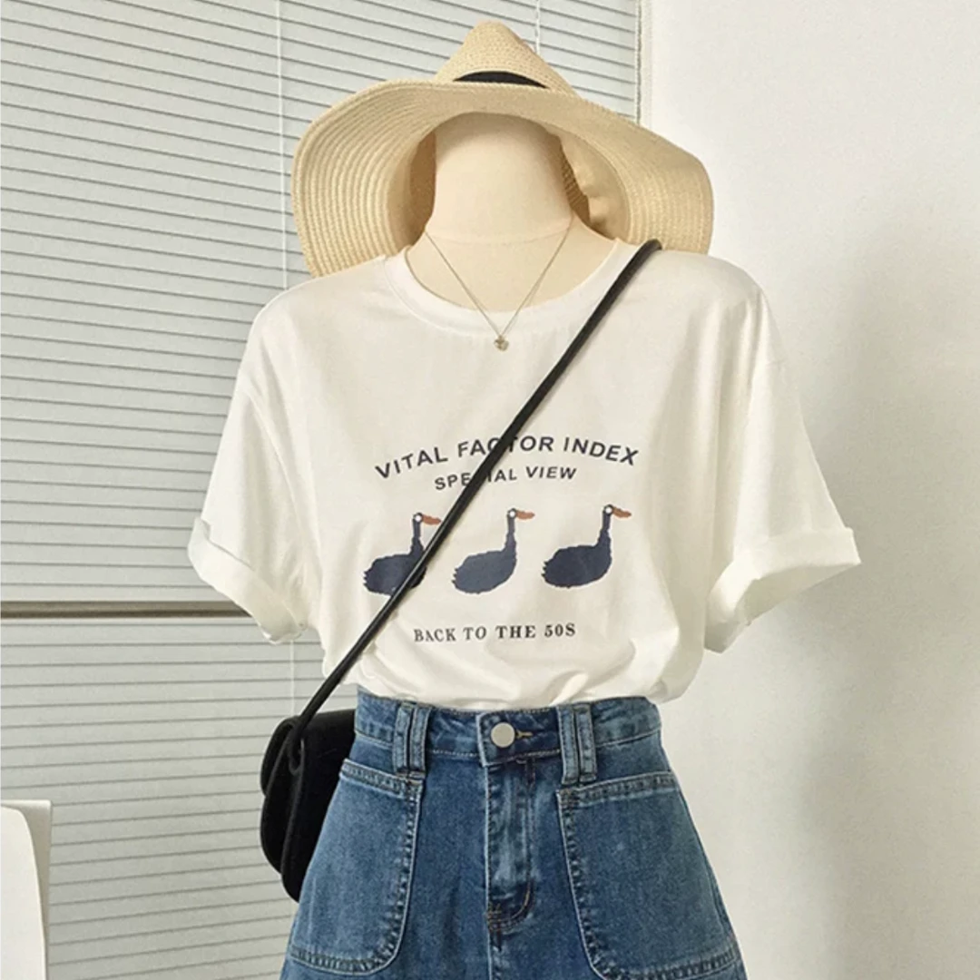 女士圆领短袖T恤三只卡通小鸭印花（陈小诺）