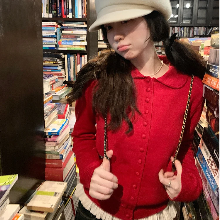 娃娃领甜美针织开衫毛衣女2025春秋减龄上衣网红网红时尚休闲